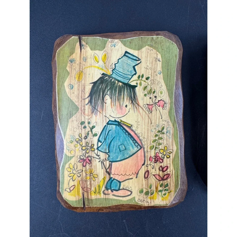 Vintage Mario Wood Wall Plaques Boy Girl Mid‎ Century Kitsch Decor Set of 2